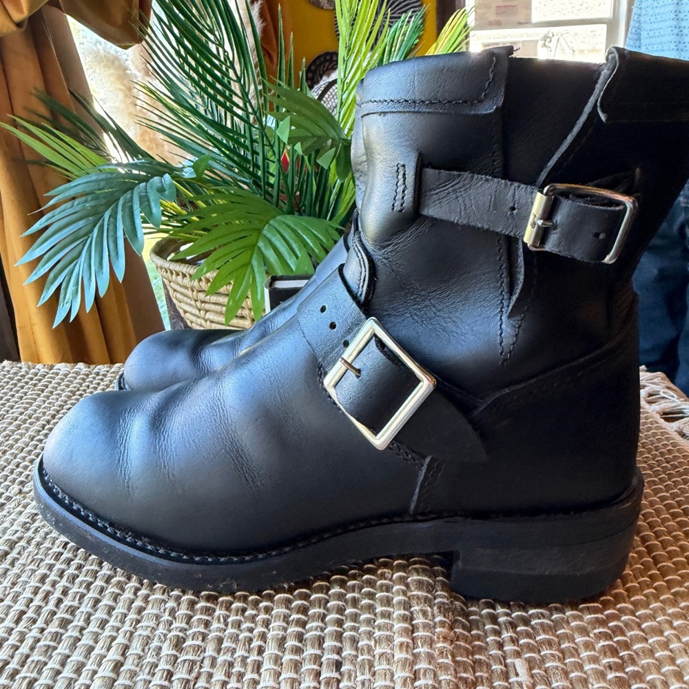 Georgia Engineer Boot Vintage Black Leather Biker Boots Buckle Strap Mid Calf